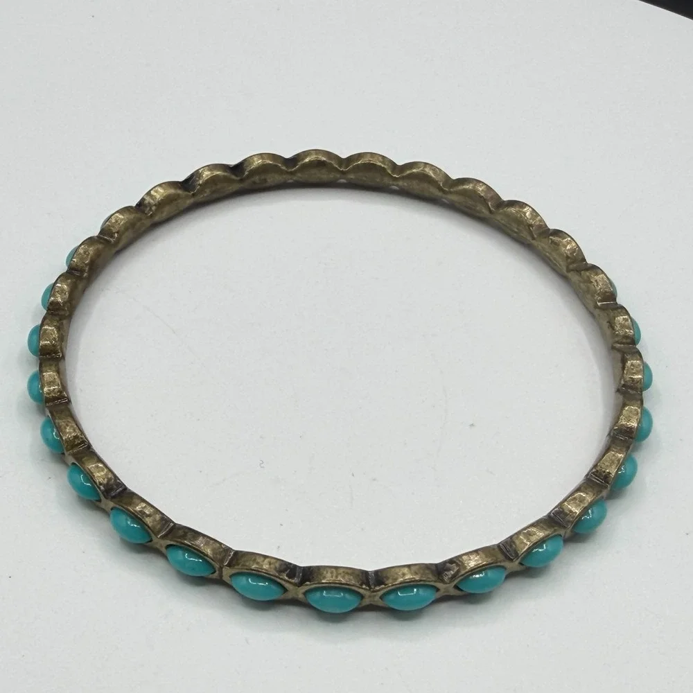 Vintage Style Turquoise & Brass Tone Cabochon Bangle Bracelet Boho Southwestern